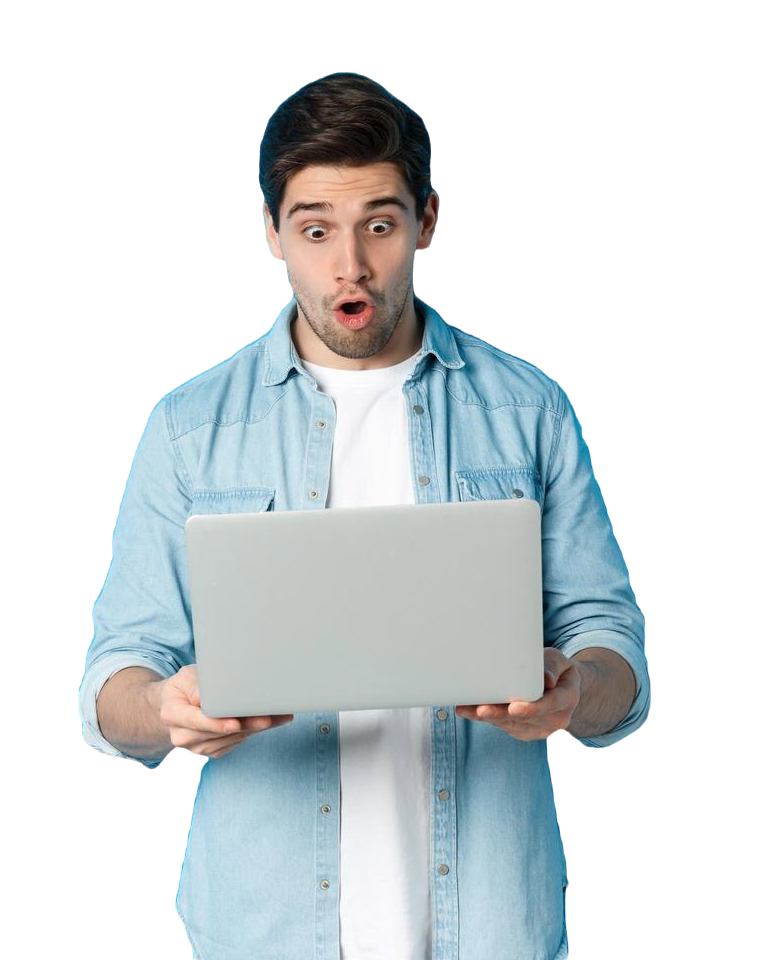 impressed caucasian guy looking laptop screen with amazement checking out promo internet stand ادزینو